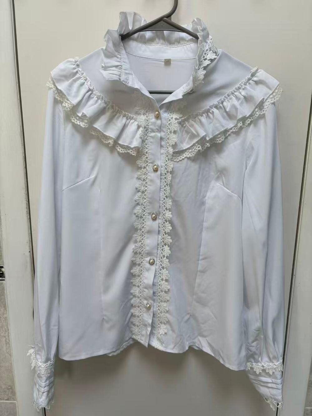 White Victorian Ruffle High Neck Lace Trim Pearl Button Prairie Gothic Blouse